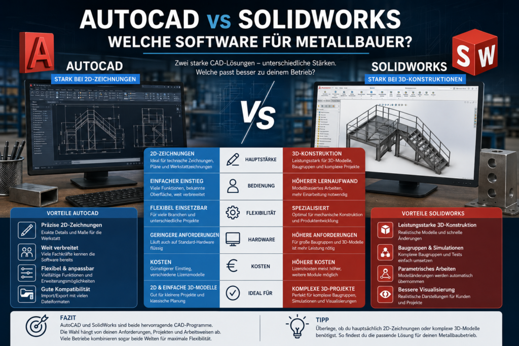 AutoCAD vs SolidWorks AutoCAD vs SolidWorks – Welche Software für Metallbauer?