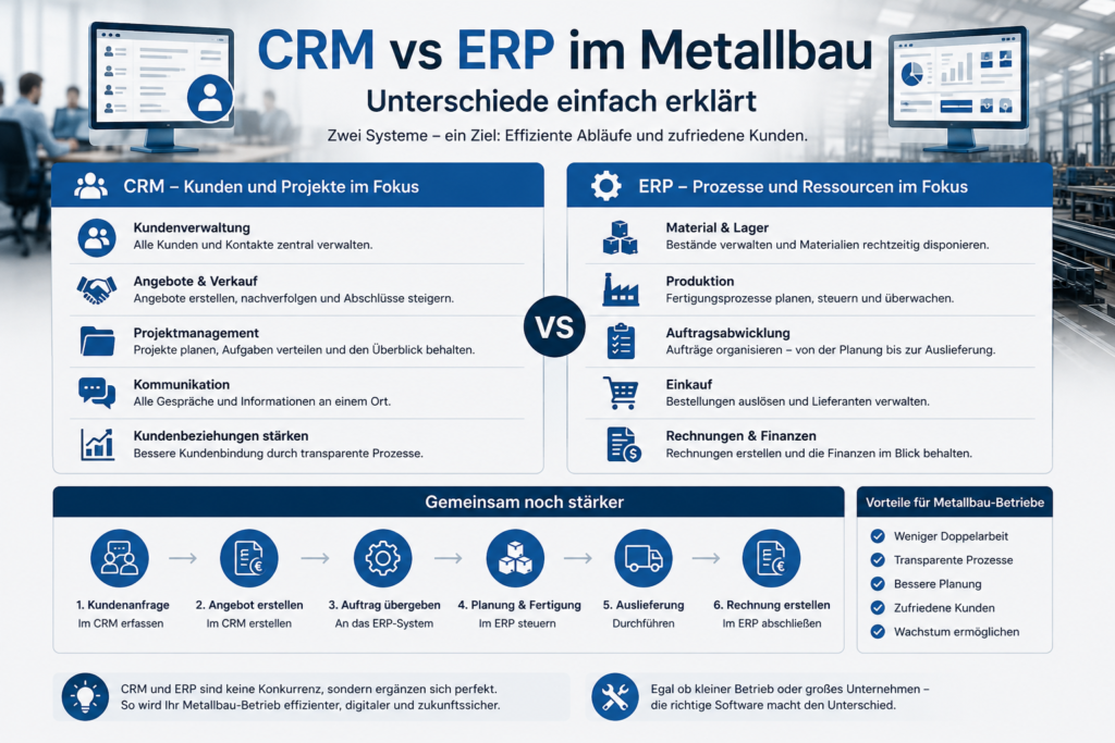 CRM und ERP im Metallbau – Unterschiede einfach erklärt CRM und ERP im Metallbau – Unterschiede einfach erklärt